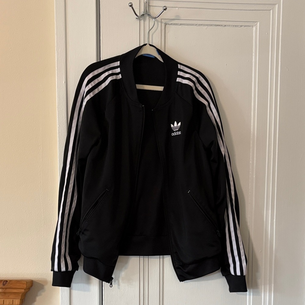 adidas Black Jacket with White Trefoil and Stripe Detail